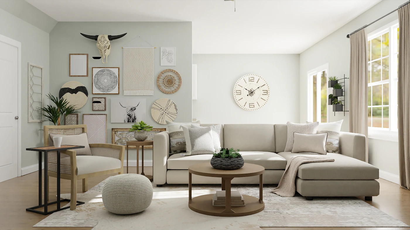 Ljust vardagsrum med beige soffgrupp och detaljer i trä
